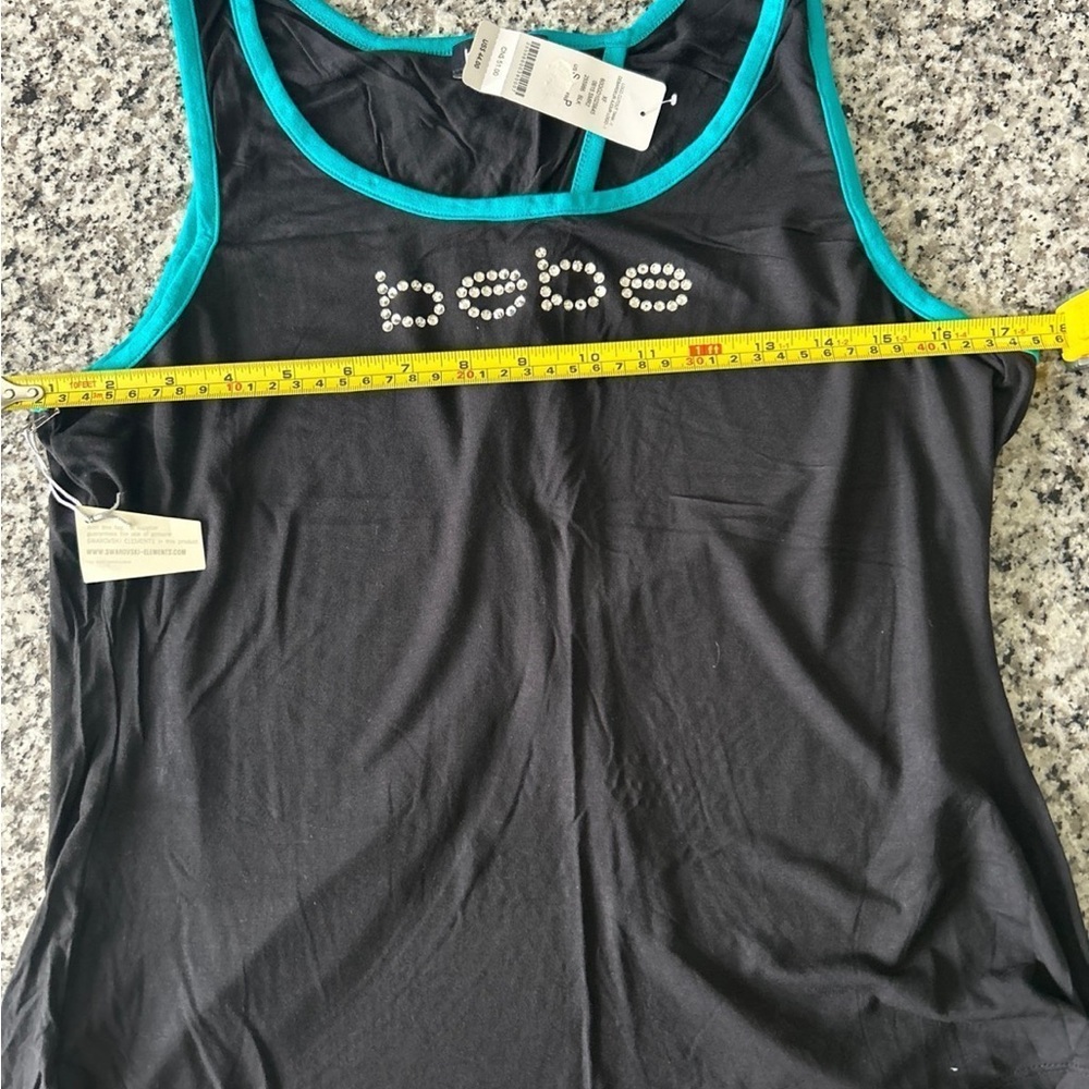 Bebe Black Top with Teal Accents and Rhinestone Logo - Picture 4 of 9